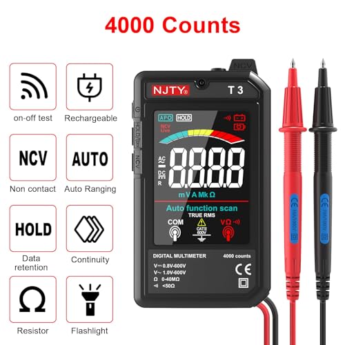 Image of NJTY T3 Smart Digital Multimeter, Ultra-Thin Rechargeable Voltmeter with 3.2 inch Color LCD, Auto-Ranging 600V AC /DC Tester for Resistance NCV Live Wire Detection