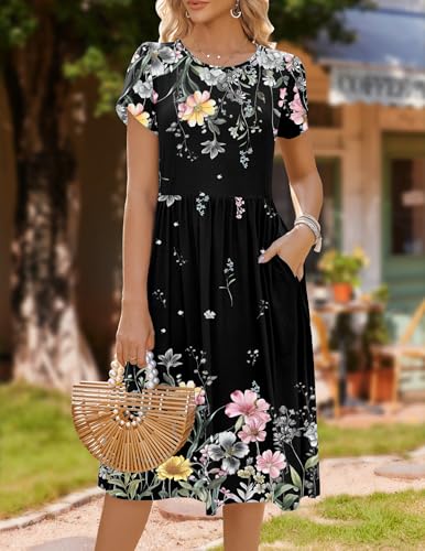 Image of HOTOUCH Women's Summer A-Line Midi Dresses 2026 Casual Floral Short Sleeve T-Shirt Dress Flowy Beach Sundress with Pockets