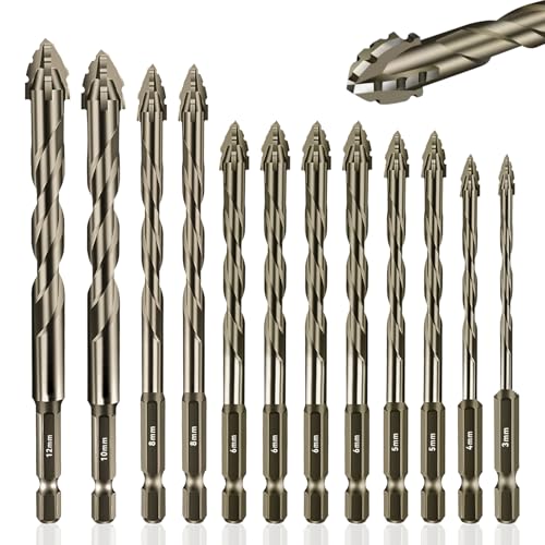 Vierschneidiger Sägezahn Exzenterbohrer, 12 Teiliger Exzenterbohrer Set, Power bit Bohrer, Hochharte Multifunktions Bohrer Set, SäGezahnbohrer für Glas, Keramik, Holz & Metall(3-12 mm)