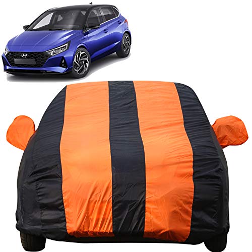 Image of Autofact Car Body Cover for New Hyundai Elite I20 2021 Onwards (Mirror Pocket, Premium Fabric, Triple Stiched, Fully Elastic, Orange /Blue Color)