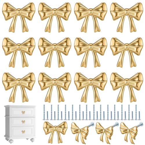 Hotop 15 Pack Gold Bow Dresser Knobs Cabinet Drawer Knobs with 2 Kinds Screws Bow Knob for Hardware Dresser Kitchen Drawer Aluminum Alloy Oxidation Wire Drawing Handles (1.57 Inch)