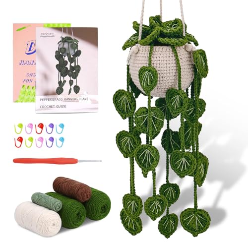 kdafio Crochet Kit for Beginners, Hanging Potted Plants Crochet Starter Kit with Step-by-Step Video Tutorials Complete Crochet Kit for Beginners Decoration (Green Grass Plants)