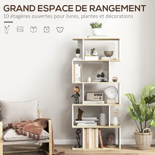 HOMCOM Bibliothèque Meuble de Rangement Style scandinave avec 5 étagères Anti-basculement Charge 25 kg pour Bureau Salon Chambre 70x29,5x163 cm Aspect Bois et Blanc – Image 5