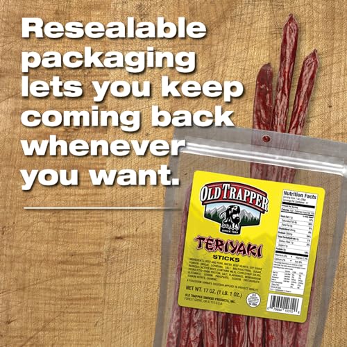 Image of Old Trapper Teriyaki Snack Sticks, 17-Ounce Resealable Bag, Natural Wood Smoked Meat Sticks, 9 Grams of Protein and 150 Calories per Ounce (Pack of One)