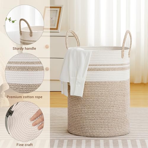 Image of 100L Extra Large Tall Cotton Rope Laundry Basket with Handle, White & Brown