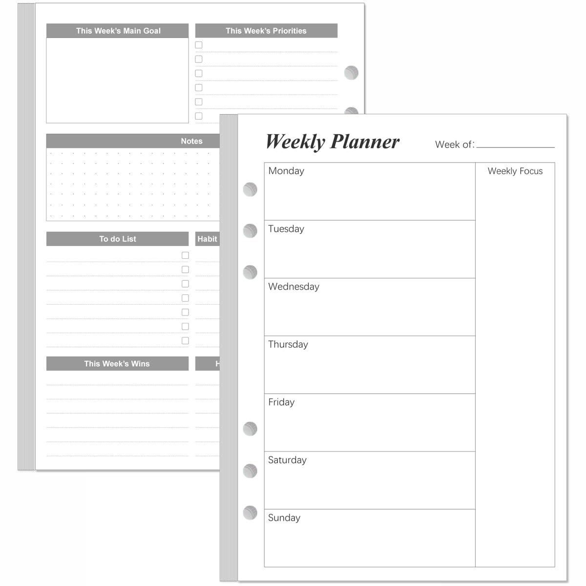 Weekly Planner Refills for A5 Binders - 53 Sheets/106 Pages Undated Weekly Planner, 6-Hole Punched, 100 gsm White Paper, Lasts 1 Year, Undated, 5.8" x 8.3", Black-image-39