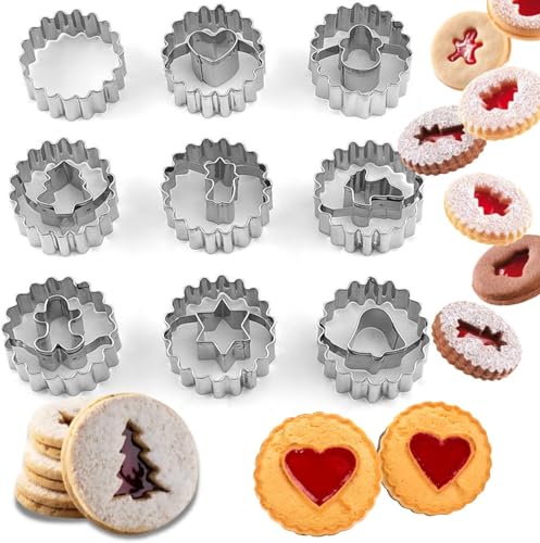 9 cortadores de galletas de Navidad Linzer, mini cortadores de galletas Linzer, juego de cortadores de galletas de acero inoxidable, cortadores de galletas redondos estriados para fiestas, horneado y