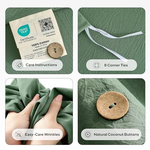 Image of JELLYMONI 100% Washed Cotton Duvet Cover King - Soft, Breathable Linen-Look Bedding with Natural Wrinkle Texture, Button Closure, 3-Piece Set (Dusty Green, 104 inchx90 inch)