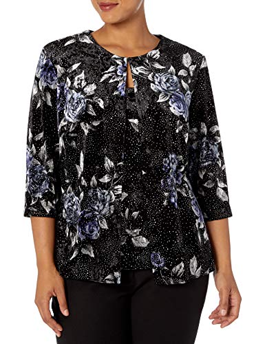 Alex Evenings Women's Plus Size Velvet Twinset Jacket and Tank Top, Black/Multi Floral, 3X