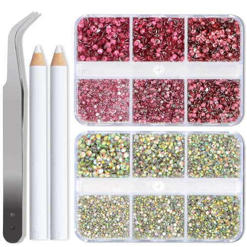 Image of Bymitel 7200 Pieces Crystal AB and Rose Rhinestones Flat Back 6 Mixed Sizes Crystal Round Glass Gems with Tweezers and Picking Rhinestones Pen