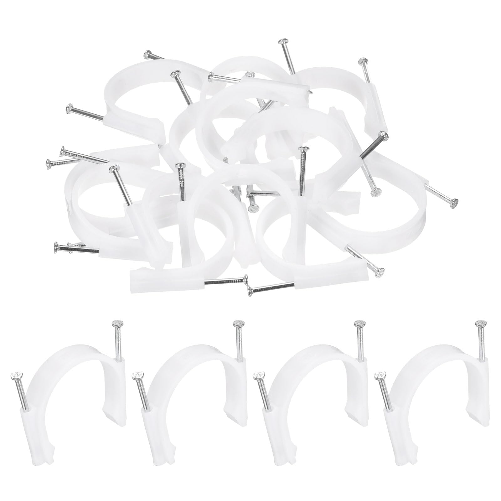 sourcing map 50pcs Cable Clips with Nail 50mm Circular Double Half Clamp J-Hook with Nail Cord Clips for Wires on Wall for Ethernet Tacks Coax Pex Tubing Pipe Support, White
