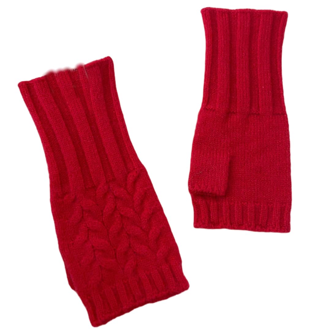 JINZIJINYU Half Finger Leaf Knit Gloves Women's Fingerless Wrist Protector Thickened Gloves - Red