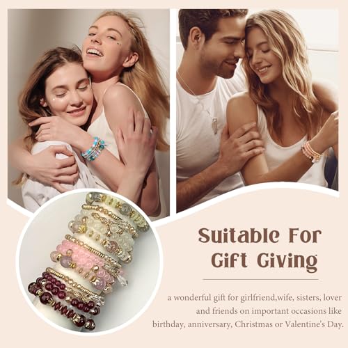 APMGONT Boho Kristall Perlen Armband, 4 Stück Boho Quaste Armbänder für Damen, Natürliches Kristall Heilsteine Armband, Statement Armreifen für Weihnachten, Valentinstag, Geburtstag (Beige)