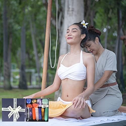 Premium Healing Crystals Kit in Gift Box Meditation Gifts, 7 Chakra Set Tumbled Stones, 7 Chakra Stone Set Chakra Tumbled Stones Amethyst Crystal Yoga Amulet with Giftbox Healing Crystals