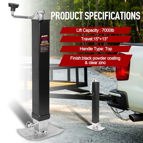 NBJINGYI 8000LB Support Capacity Heavy Duty Drop Leg Trailer Jack - 28\" Lift Range, Square Tube Weld-On Design, Top Wind Handle & Foot Plate, 2.5\" Steel Tube