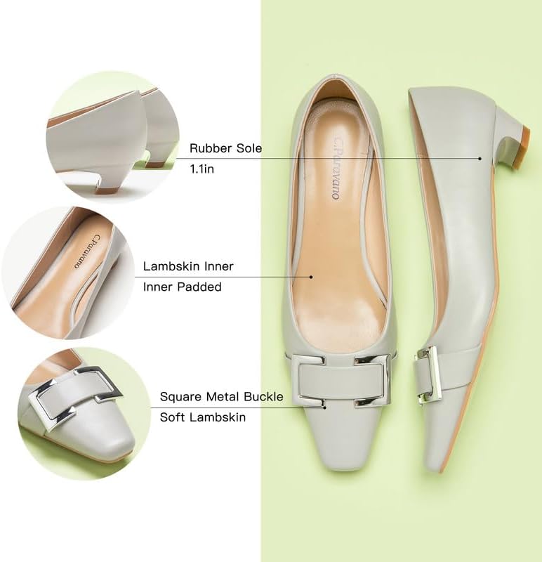 C.Paravano Metal Buckle Square Toe Low Block Heels Closed Toe Chunky Heels 1.1 in Low Heel Pumps Vintage Women's Pump for Party Wear Dress Pumps Shoes Soft Lambskin(Grey,10.5) - Image 4