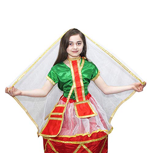 Image of Kaku Fancy Dresses Polyester Indian State Manipuri Folk Dance Costume - Red & Green, For Girls 14-16 Years