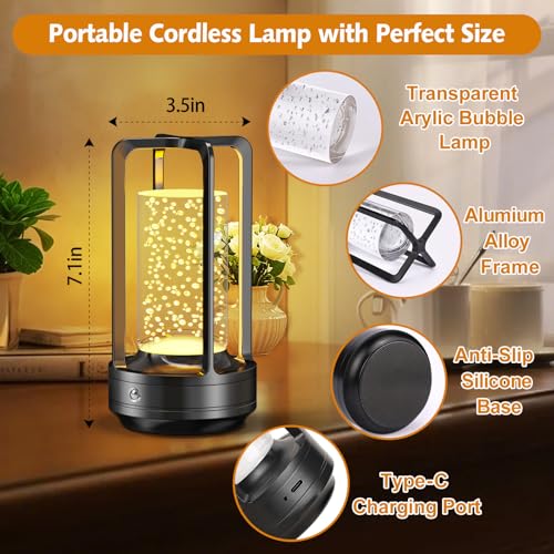 Image of Portable Table Lamp for Outdoor Indoor: Cordless Rechargeable Desk Lamp with 3 Color Stepless Dimmable - Metal Battery Operated Lantern Light for Bedroom /Bar /Coffee Shop /Camping (Black (Bubble))
