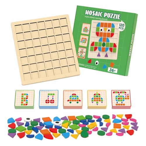 Image of 120pcs Wooden Pattern Blocks Set, Creative Mosaic Puzzle Shape Matching Game With 40 Double-Sided Design Cards And Base Plate, Classic Early Educational Learning Toy For Boys Girls Home