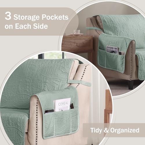 Image of Soft Sage Quilted Couch Cover with Pockets for Extra-Large Sofa, Anti-Slip Sofa Covers Washable for 3 Cushion, Pet Friendly Oversized Sofa Cover Water-Repellent (X-Large Sofa 78 inch, Sage Blue)