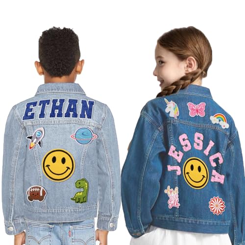 Personalized Kids Denim Jacket with Names - Custom Long Sleeve Jean Jacket with Name Patches for Girls & Boys 1-14 Years Back to School Birthday Christmas Gifts