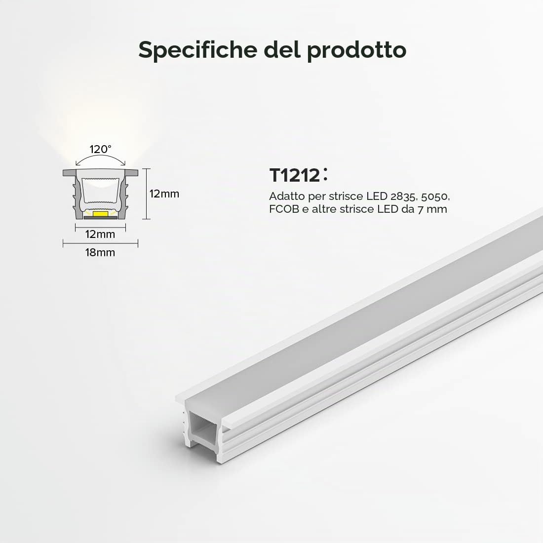 SEZO Profilo LED in Silicone T1212 3M Senza Macchie per Strisce LED Flessibili da 5-7mm IP67 Impermeabile 12 x 12mm Illuminazione a 120° (Senza Striscia LED)