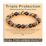 AD Beads Handmade Gemstone Stretch Elastic Bracelet Crystal Healing Reiki Nature's Beauty and Spiritual Essence Unisex (8mm, Triple Protection (Strong Protect))