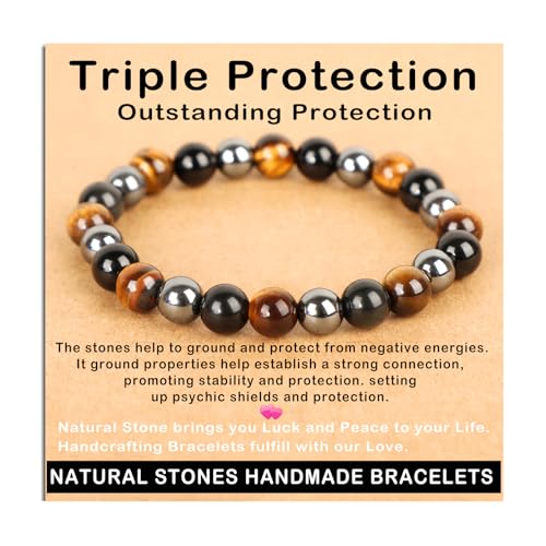 AD Beads Handmade Gemstone Stretch Elastic Bracelet Crystal Healing Reiki Nature's Beauty and Spiritual Essence Unisex (8mm, Triple Protection (Strong Protect))