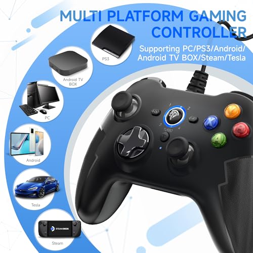 EasySMX Mandos PC - Controller PC PS3 con Cable 2M - Hall Trigger- Joystick con Doble Vibración - Turbo - Compatible con Windows/PS3/Android TV/Android TV Box, Negro