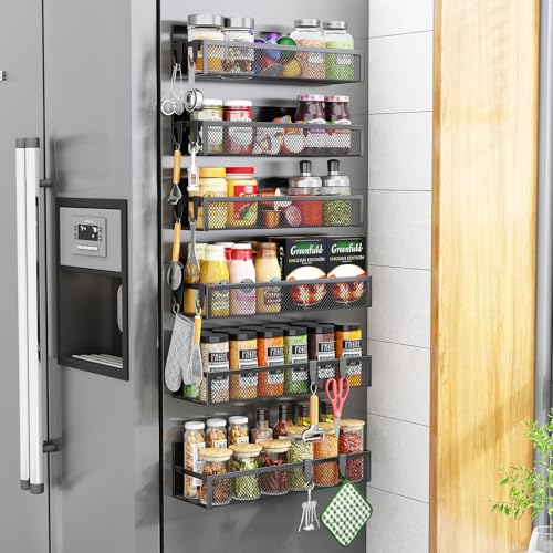 Aufworld Porte-épices magnétique pour réfrigérateur - Lot de 6 étagères magnétiques, organisateur frigo avec 12 crochets amovibles, étagère...