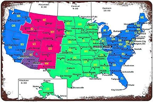 Rosefinch Stone Retro Funny Metal Sign Sheet Signs Tin Sign,USA time Zone map, American map Outdoor Home Wall Decoration, Size:8 x 12, Multicolor