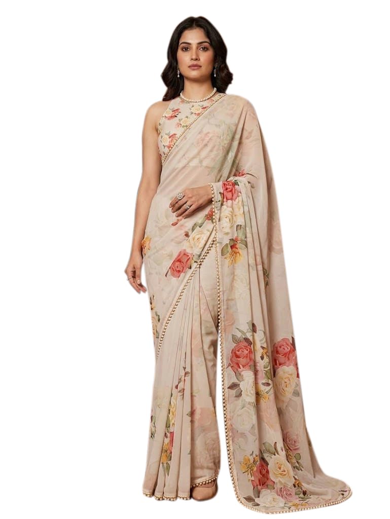Chiffon Georgette Saree with Romantic Rose Digital Prints, Pearl Lace Border, Red with Teal Green and Copper Gold, Free Size-image-15