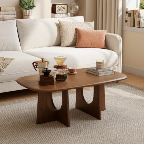 Image of Solid Wood Coffee Table, Mid-Century Modern Center Table for Living Room, FAS Grade Rubberwood with Unique U-Shaped Legs, Family-Friendly Rounded Corners, 39.4 Inch, Walnut