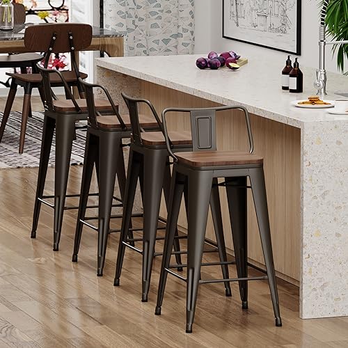 Image of Yongchuang 26 inch Bar Stools Set of 4 Industrial Kitchen Counter Height Barstools with Wood Seat Metal Low Back Bar Chairs Gunmetal