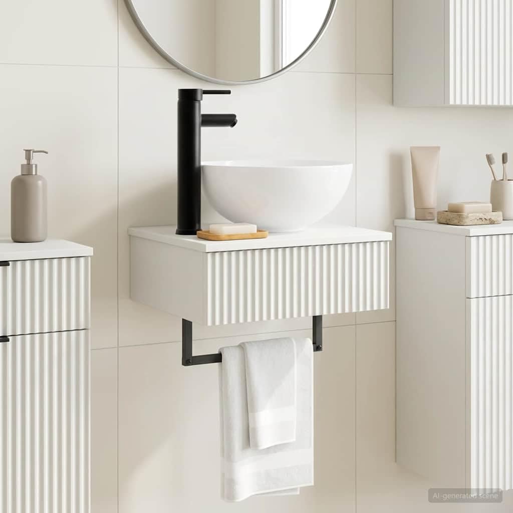 Lavabo de pared de color blanco brillante, 40 x 35 x 39 cm, moderno inodoro de invitados de madera, para ahorrar espacio, para baño pequeño, incluye accesorios