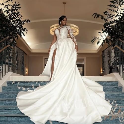 One Shoulder Satin Wedding Dresses Long Sleeve Mermaid Crystals Beaded Bridal Wedding Gowns with Slit2