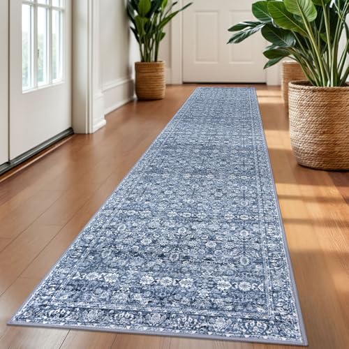 2x10 Blue Washable Runner Rug for Kitchen, Soft Classic Runner with Non-Slip, Non-Shedding Distressed Floral Rug for Hallways Entryway Bedroom Bathroom Laundry Indoor
