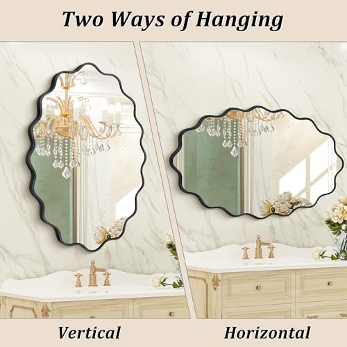 Image of Oval Wavy Wall Mirror -Irregular Wall Mirror with Black Asymmetrical Aluminum Alloy Frame,24 inchx36 inch Decorative Wall Mirrors for Bathroom, Bedroom, Living Room, Dining Room，Entryway