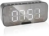 Relógio Despertador Digital Espelhado Bluetooth 5.0 com Caixa de Som 3W, Rádio FM, Duplo Alarme, Entrada USB e Viva-Voz – Design Moderno e Portátil (Preto)