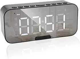 Relógio Despertador Digital Espelhado Bluetooth 5.0 com Caixa de Som 3W, Rádio FM, Duplo Alarme, Entrada USB e Viva-Voz – Design Moderno e Portátil (Preto)