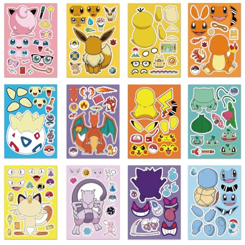 GOACRS Sticker Set für Kinder 24-Blatt Kleine DIY Make-A-Face Aufkleber Wasserdichte süße Cartoon Anime Mini Sticker für Scrapbooking Kindergeburtstag Party Mitgebsel Geschenke für Jungen Mädchen
