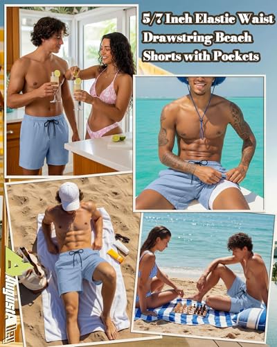 Image of August Alley Men's Linen Shorts with Liner Summer 5 Inch Casual Elastic Waist Drawstring 2 in 1 Beach Shorts with Pockets