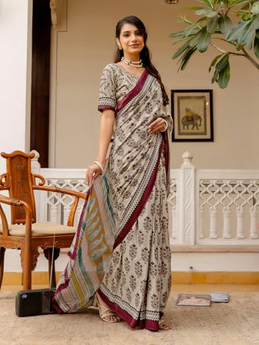 Image of SIRIL Women's Printed Ready to Wear Mul Cotton Saree With Unstitched Blouse Piece