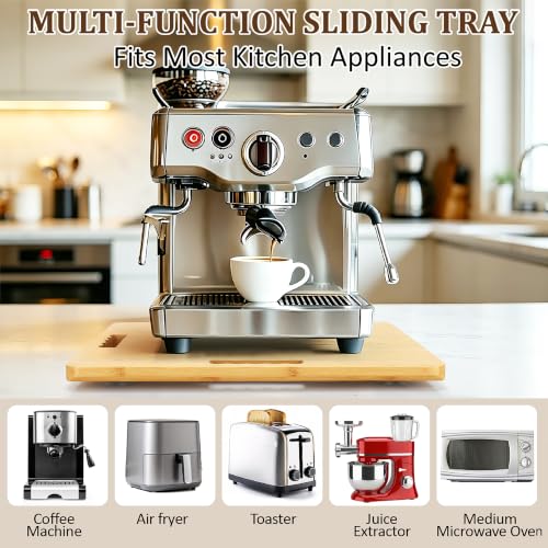 Image of Appliance Slider, Sliding Tray for Coffee Maker, 15.7x13 in | 360 Rolling wheels, 0.65 Inch Thick Bamboo, Coffee Pot Slider Tray, Space-Saving Kitchen Organizer for Counter 66lb Capacity