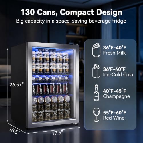 Image of Manastin Beverage Refrigerator Cooler-Mini Fridge Freestanding Cooler with Glass Door, Adjustable Shelves & Digital Temperature Display for Drink, Wine or Beer (Silver, 2.47 Cu.Ft)