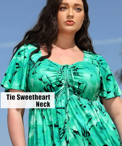 Image of CARCOS Plus Size Dresses for Curvy Women Tie Sweetheart Neck Summer Maxi Dress Short Sleeve Empire Waist Floral Boho Dress