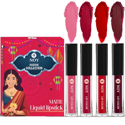 Image of Noy Festival Collection Liquid Matte Lipstick 4 Set Peach, Cherry Pink, Red, Maroon Shades