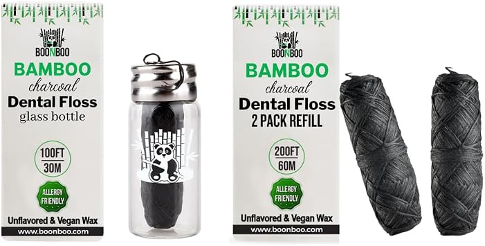 BOONBOO Dental Floss with 2pcs Refill, Bamboo Charcoal Woven Thread, Unflavored