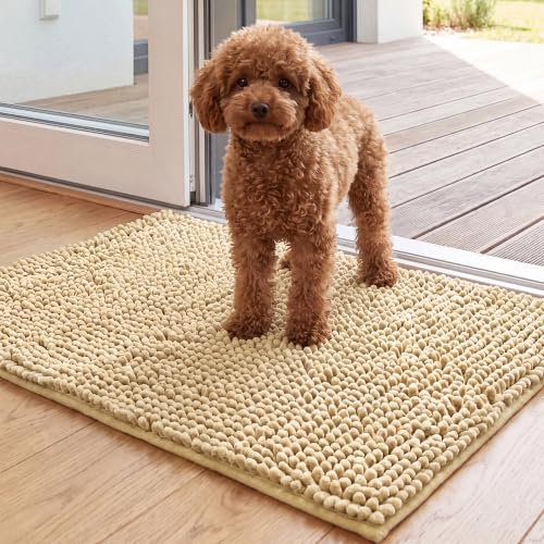 Image of H.VERSAILTEX Dog Door Mat for Muddy Paws Absorbent Dirt Trapper Non Slip Quick Dry Washable Chenille Mats for Dogs Entry Rug for Indoor Outdoor (Beige, 17 inch x 24 inch)