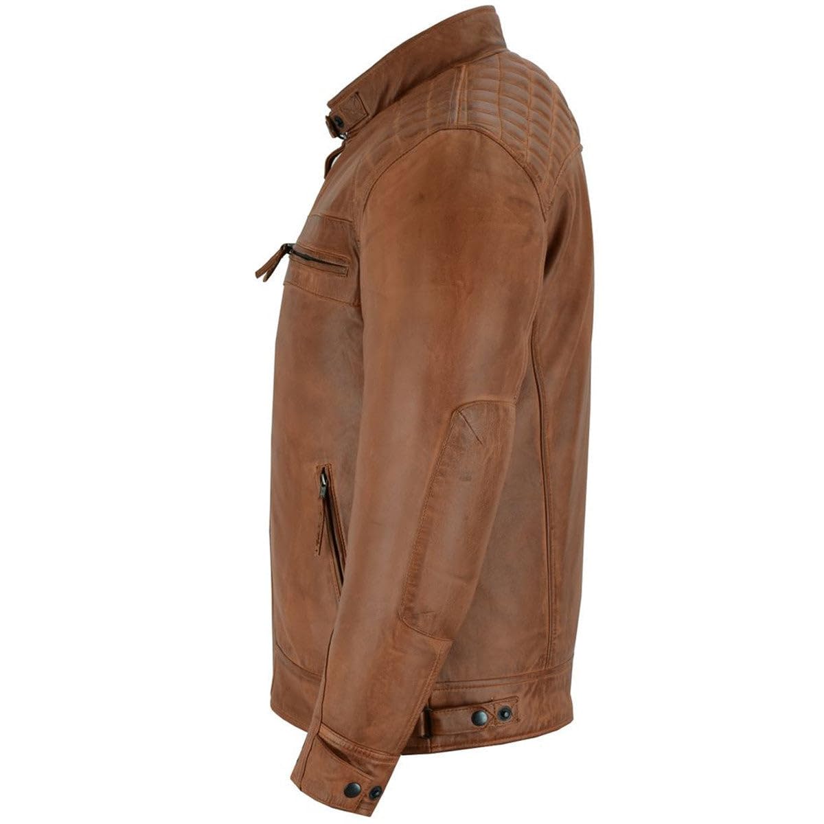 Vance Leather Mens Cafe Racer Waxed Lambskin Austin Brown Motorcycle Leather Jacket — view 4